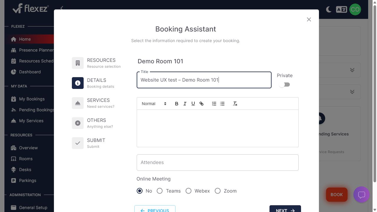 flexEZ booking assistant meeting details step